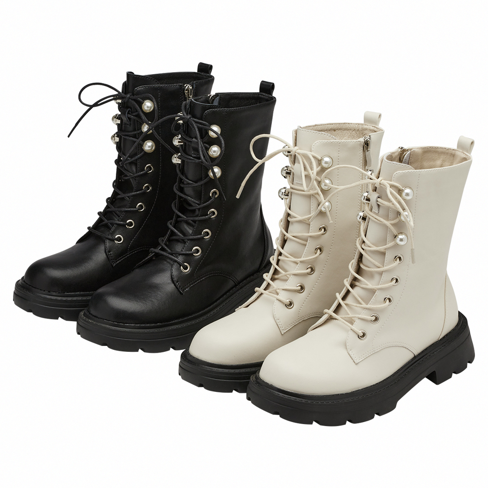 小貓聯名-名媛微光珍珠輕量厚底綁帶靴 米白