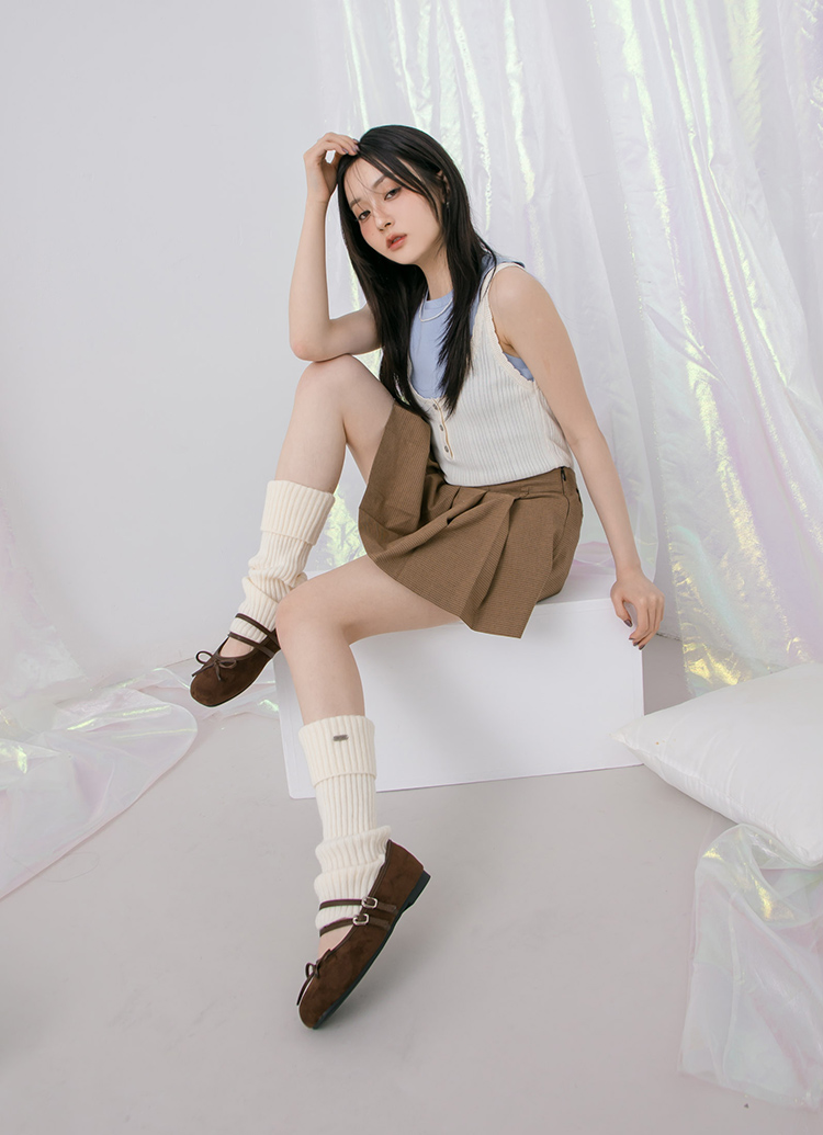 GraceGift平價女鞋 時尚秀場 方圓頭 芭蕾女伶方頭雙帶平底瑪莉珍 咖色