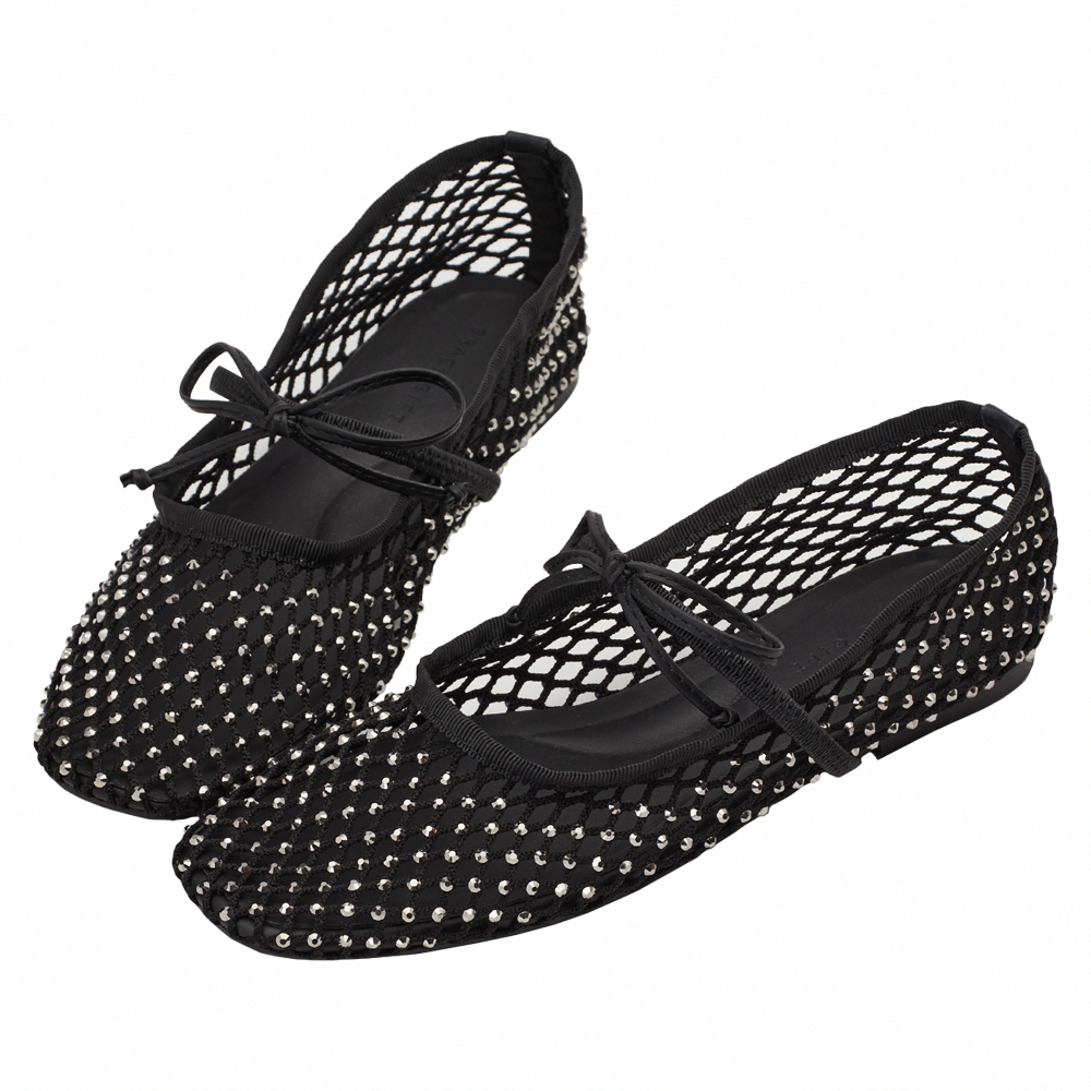 GraceGift平價女鞋 輕奢閃鑽漁網蝴蝶結瑪莉珍芭蕾舞鞋