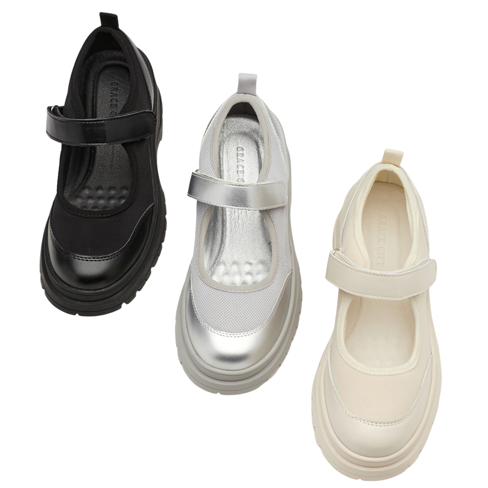 輕運動風拼接魔鬼氈瑪莉珍運動鞋 黑