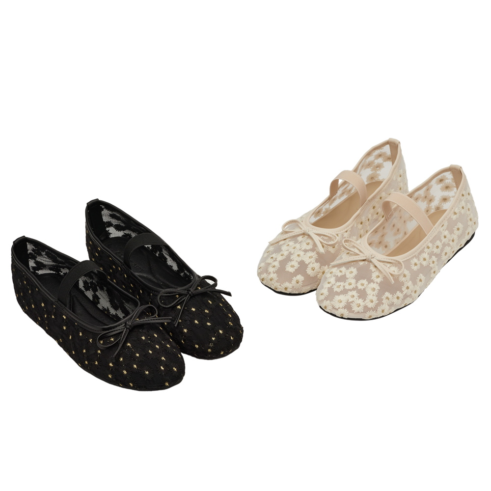 GraceGift平價女鞋 春日花園 蝴蝶結網紗 平底瑪莉珍鞋 杏色