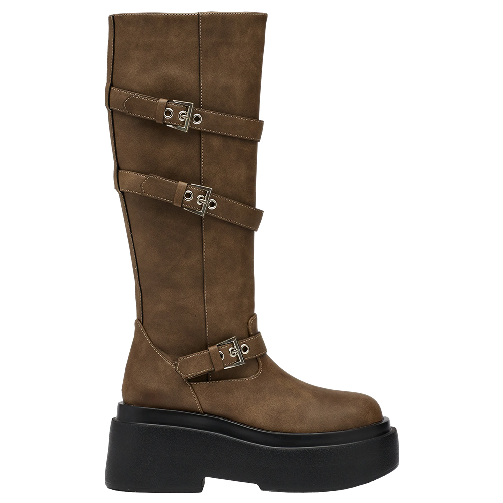 悅悅聯名-紐約街頭刷色扣環輕量厚底長靴 棕