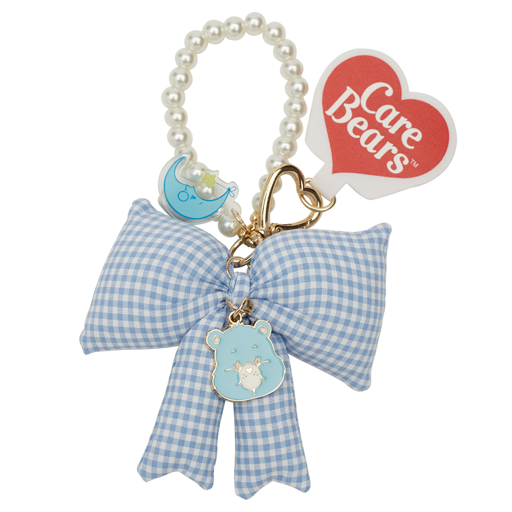 GraceGift CareBears聯名 晚安小熊 Ribbon系列 格紋蝴蝶結珍珠手機鍊 藍