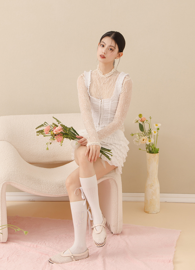 GraceGift 平價女鞋 個性網面 細閃芭蕾舞娃娃鞋 杏色 平底娃娃鞋 實拍圖