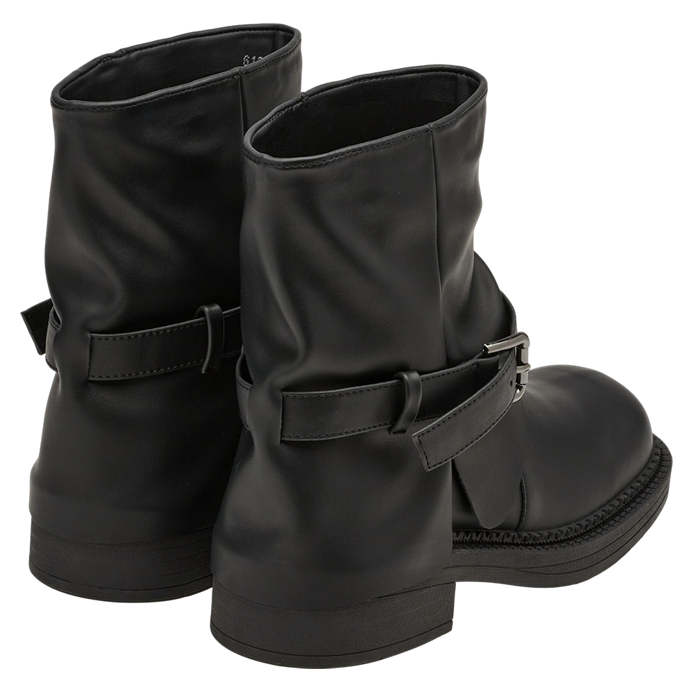 前衛時尚皮帶扣皺褶寬筒褲管短靴 黑