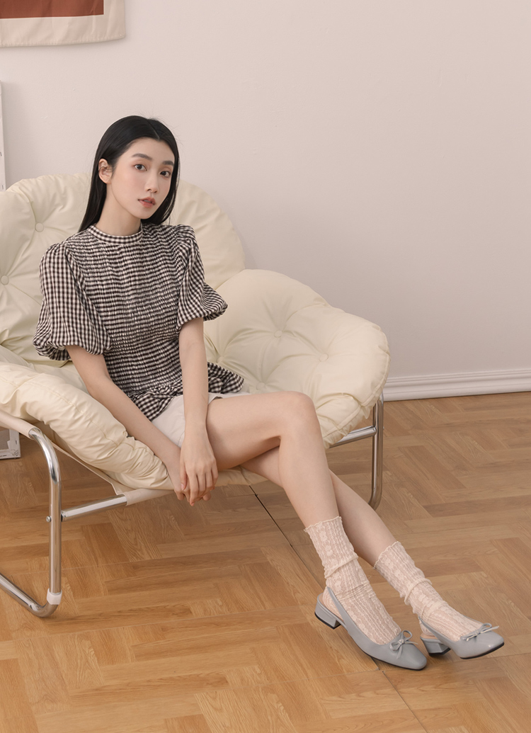 GraceGift平價女鞋 時尚秀場 方頭 韓系清新蝴蝶結後空跟鞋 藍灰色