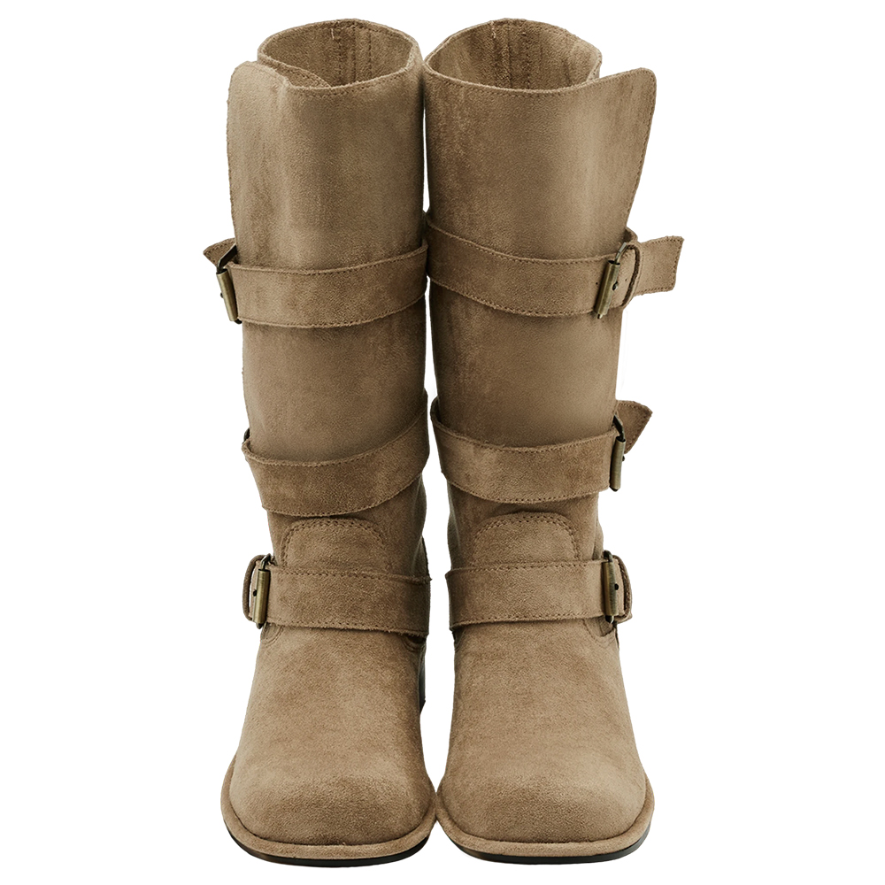 韓系街拍絨布2WAY皮帶釦騎士靴 卡其