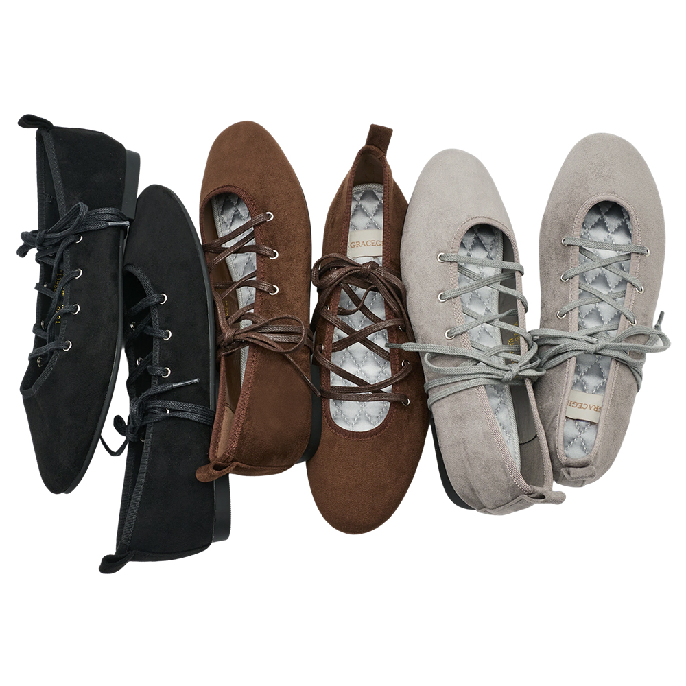 可可芭蕾絨面交叉綁繩芭蕾舞平底鞋 咖