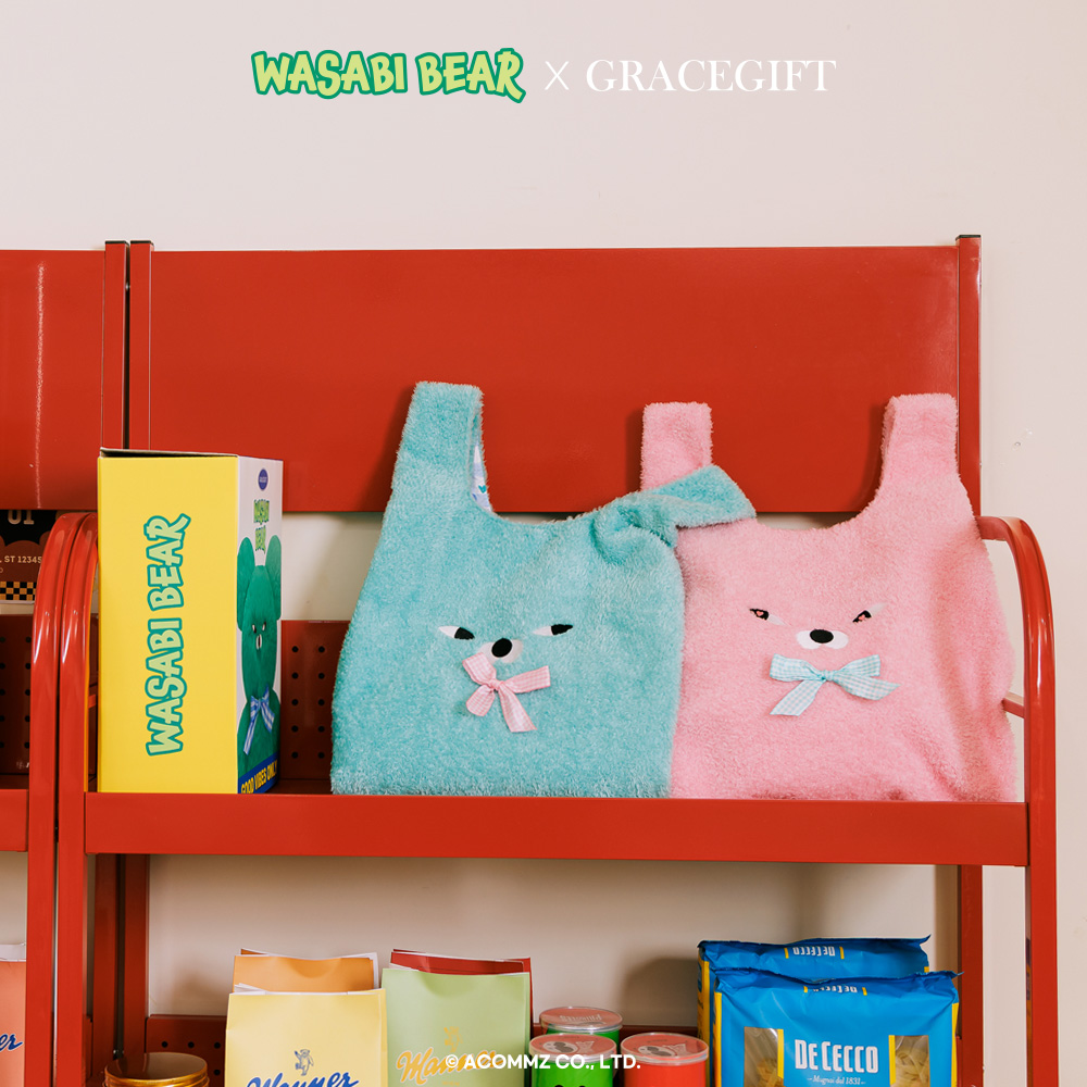 Grace Gift Wasabi Bear 聯名 粉芥末熊 絨毛蝴蝶結手提袋 粉紅色 可愛提袋 實拍圖