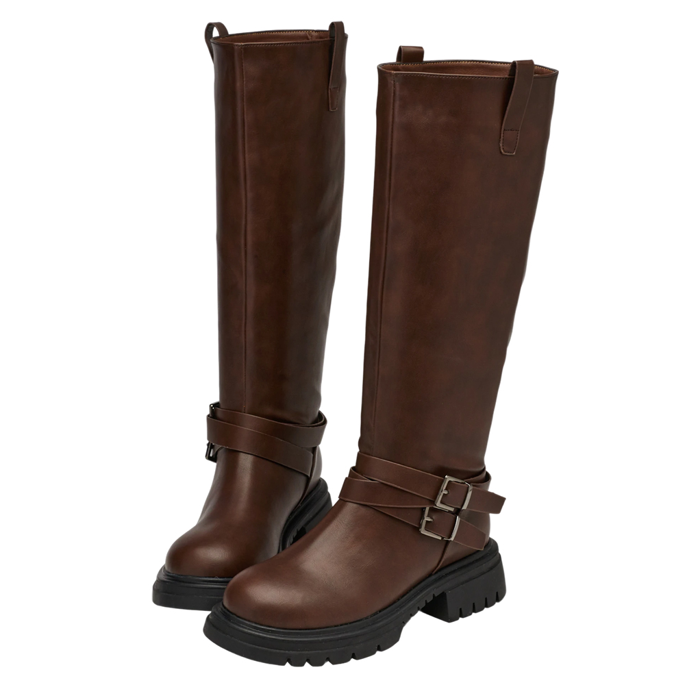 俐落圓頭側拉環繞踝皮帶厚底長靴 棕