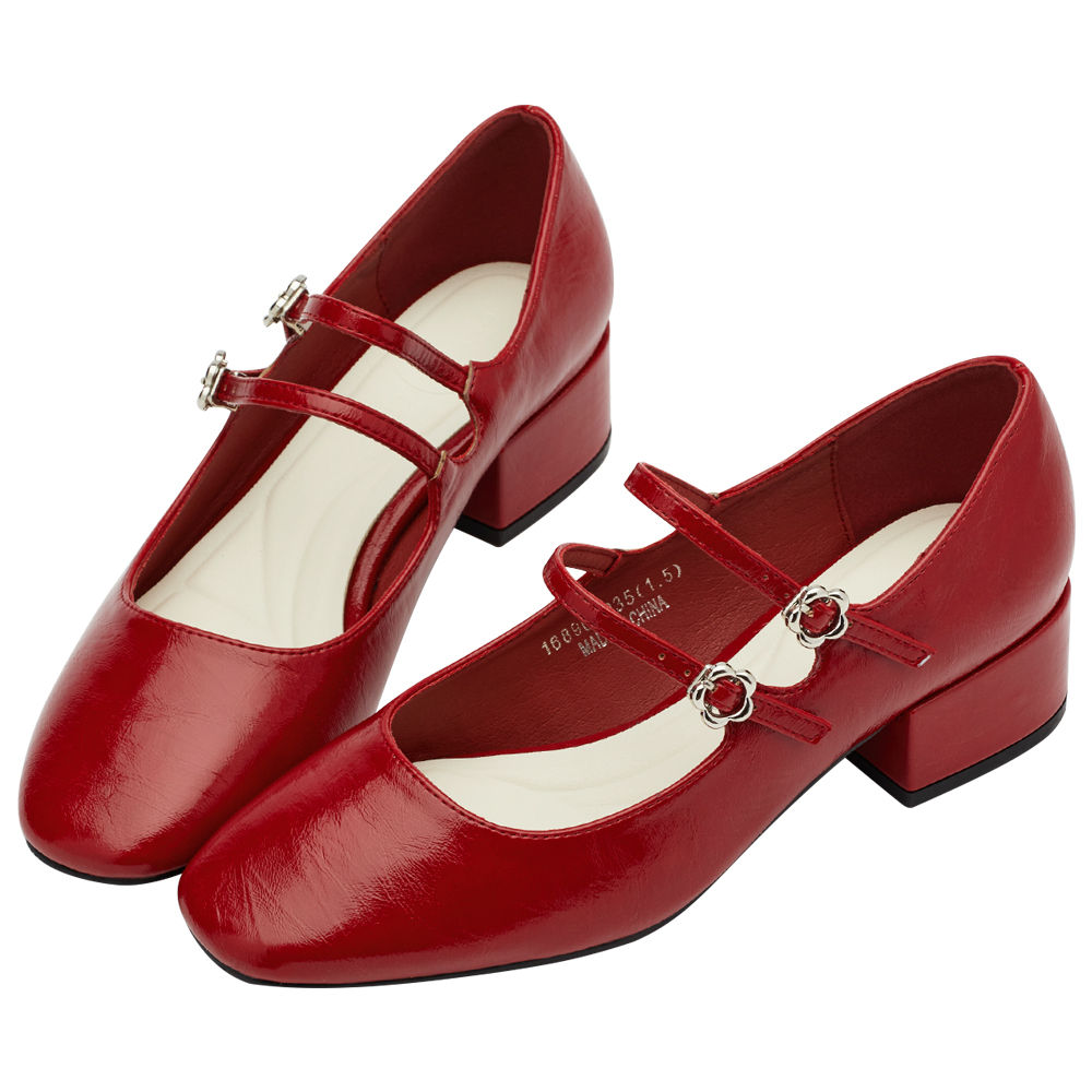 GraceGift平價女鞋 時尚秀場 方圓頭 瑪黑穿搭小花扣環雙帶中跟瑪莉珍鞋 正紅色