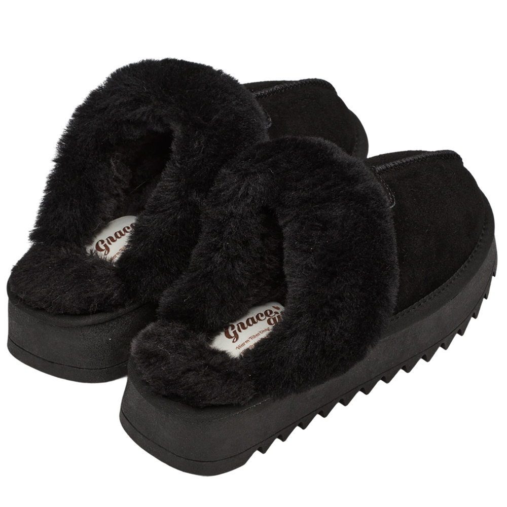 韓妞時尚牛麂皮羊毛厚底雪地拖鞋 黑