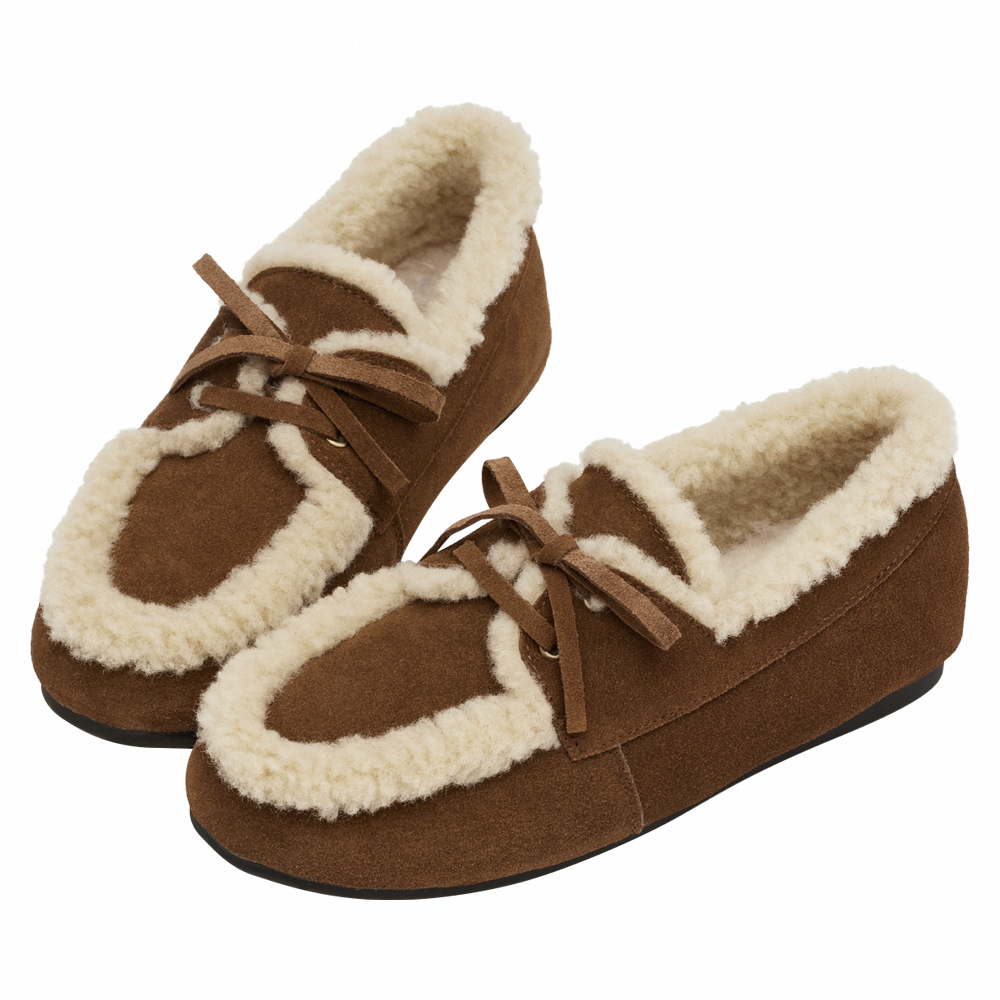 復古暖意真皮羊羔毛莫卡辛鞋 棕