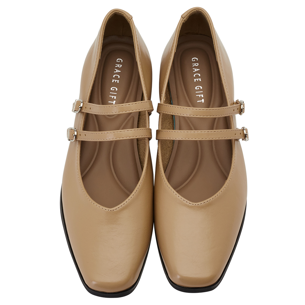 GraceGift 微甜方頭瑪麗珍鞋 雙帶瑪莉珍 卡其色 實拍圖