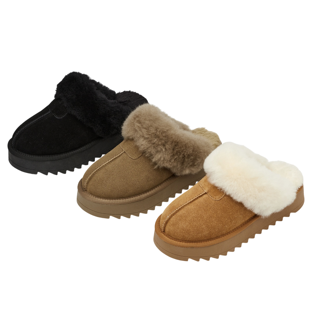 韓妞時尚牛麂皮羊毛厚底雪地拖鞋 栗子