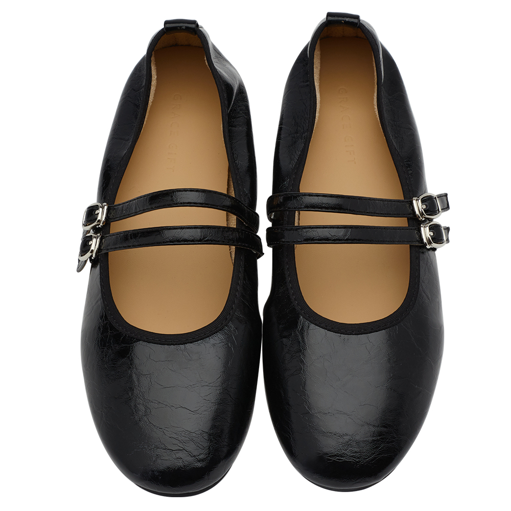 GraceGift平價女鞋 時尚秀場 圓頭 奶油雲朵極軟加厚乳膠芭蕾瑪莉珍鞋 黑色