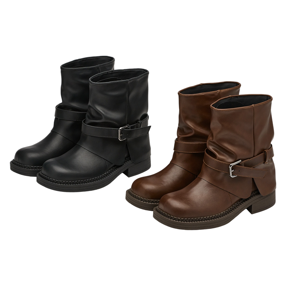 前衛時尚皮帶扣皺褶寬筒褲管短靴 咖