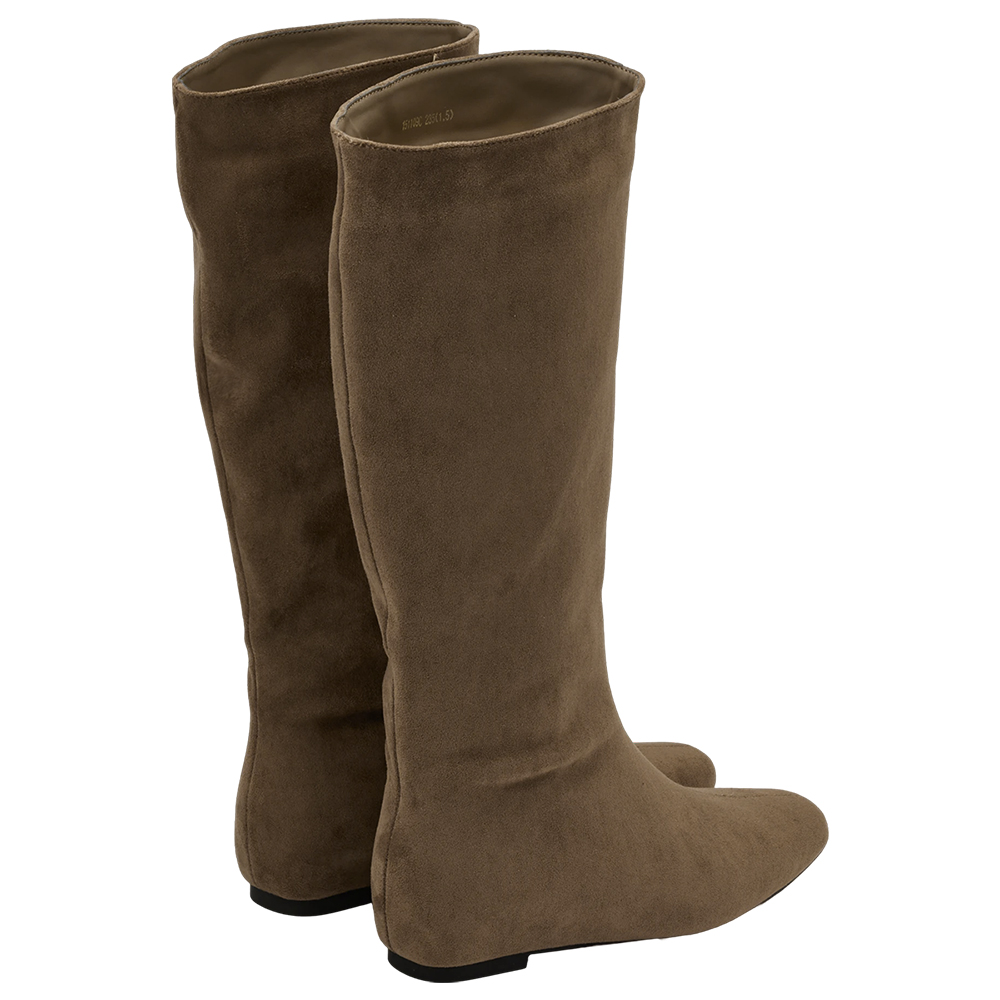 柔感美腿方頭絨布內增高堆堆長靴 淺駝