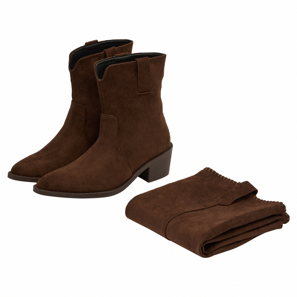 超模尖頭絨布2way可拆式褲管西部長靴 咖