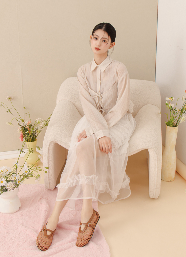 GraceGift 平價女鞋 個性網面 細閃芭蕾舞娃娃鞋 棕色 平底娃娃鞋 實拍圖