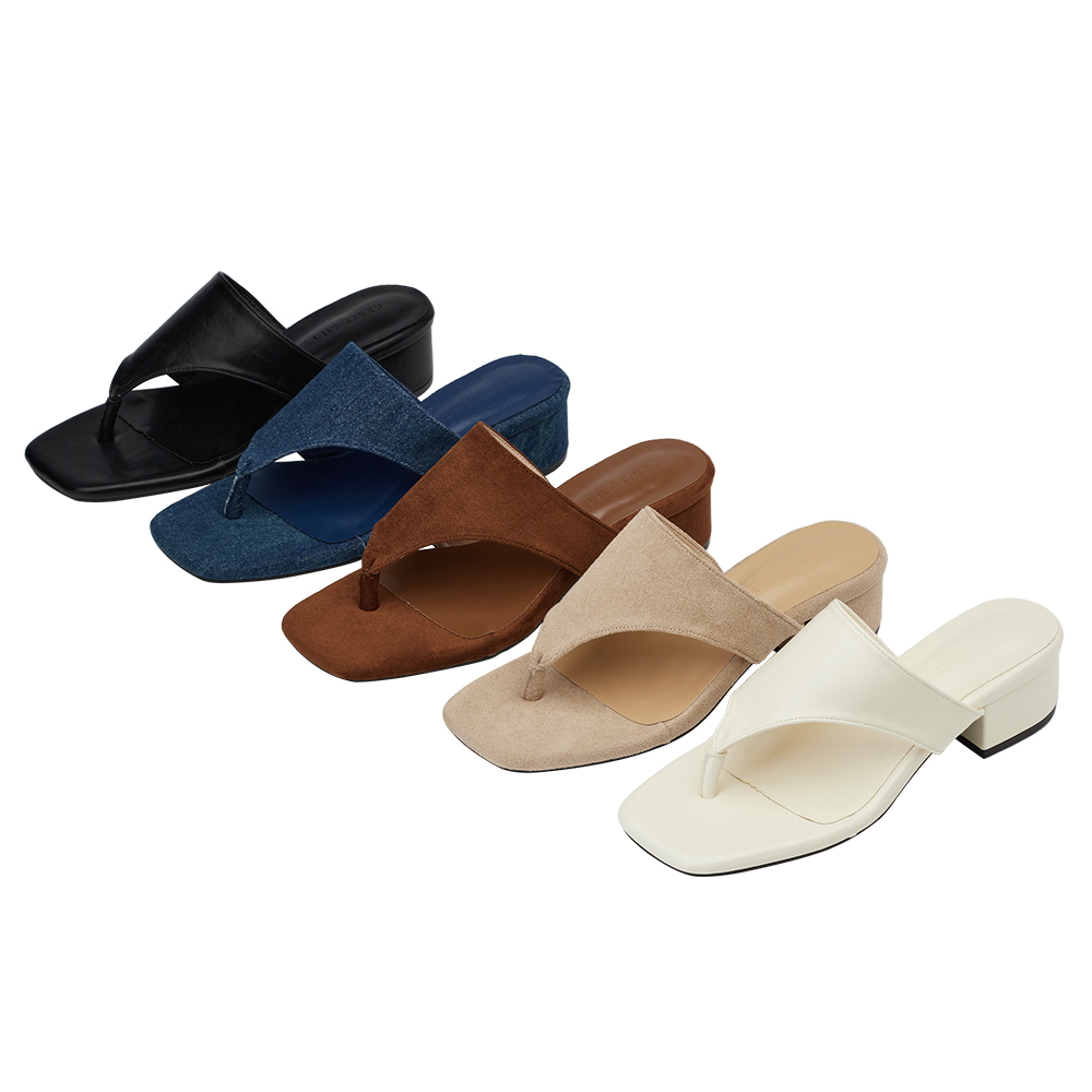 GraceGift 平價女鞋 時尚秀場 方頭 極簡美學柔感人字中跟拖鞋 米白色