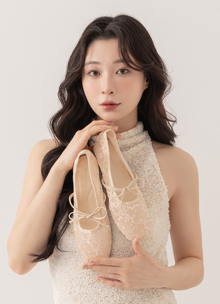 GraceGift平價女鞋 夏洛特法式蕾絲蝴蝶結芭蕾舞瑪麗珍鞋杏色平底女鞋