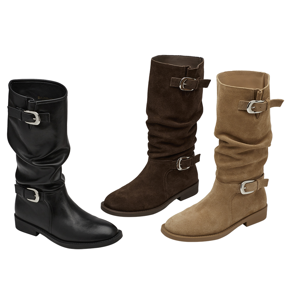慵懶隨性麂皮雙層皮帶扣堆堆長靴 駝