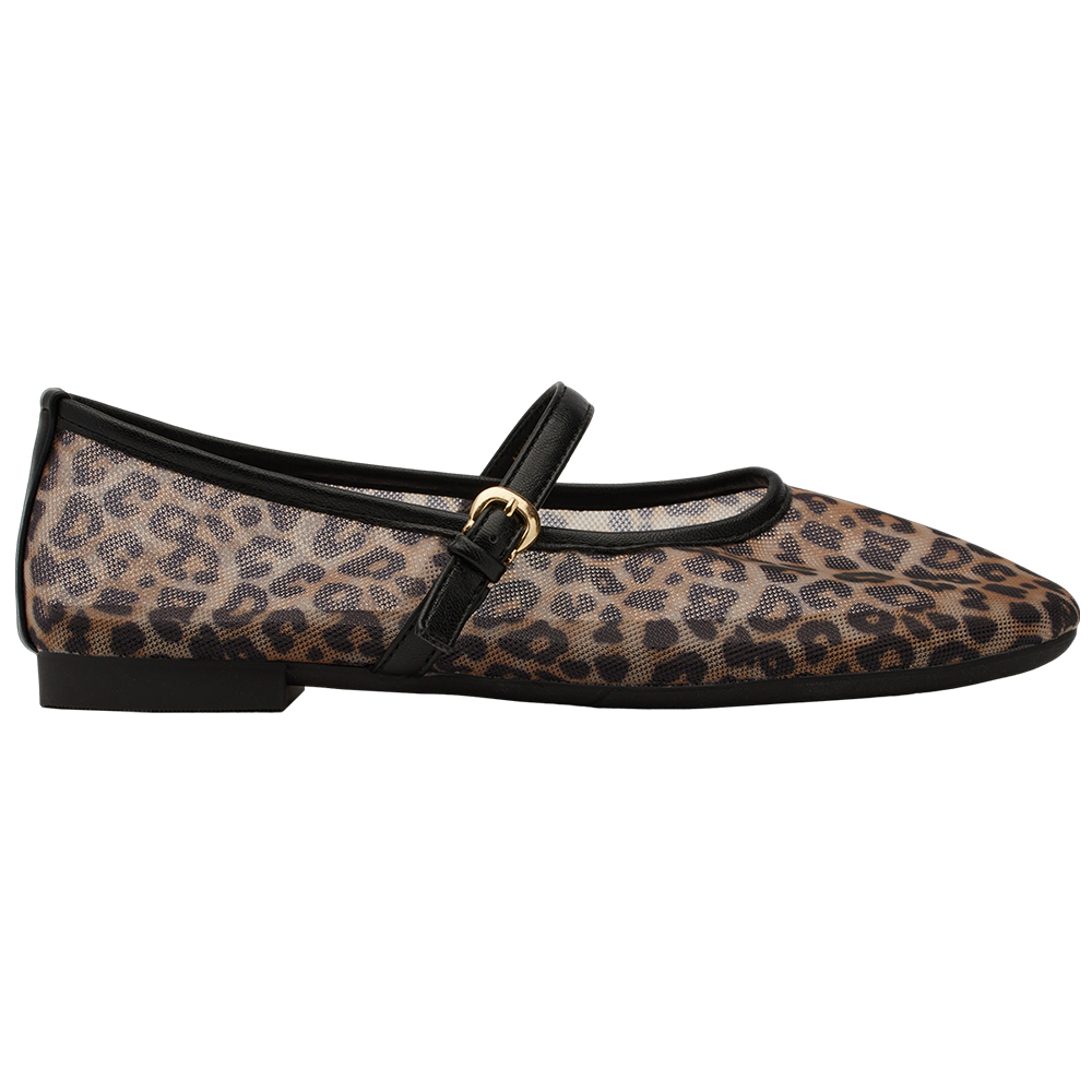 GraceGift平價女鞋 名人時尚 透膚網面 平底瑪莉珍鞋 豹紋