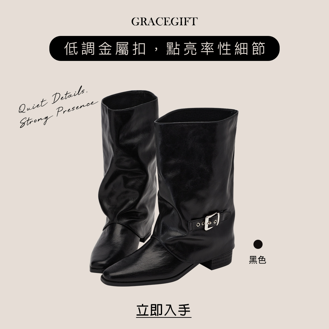Grace Gift 90s復古釦帶5cm內增高尖頭黑色褲管中筒靴