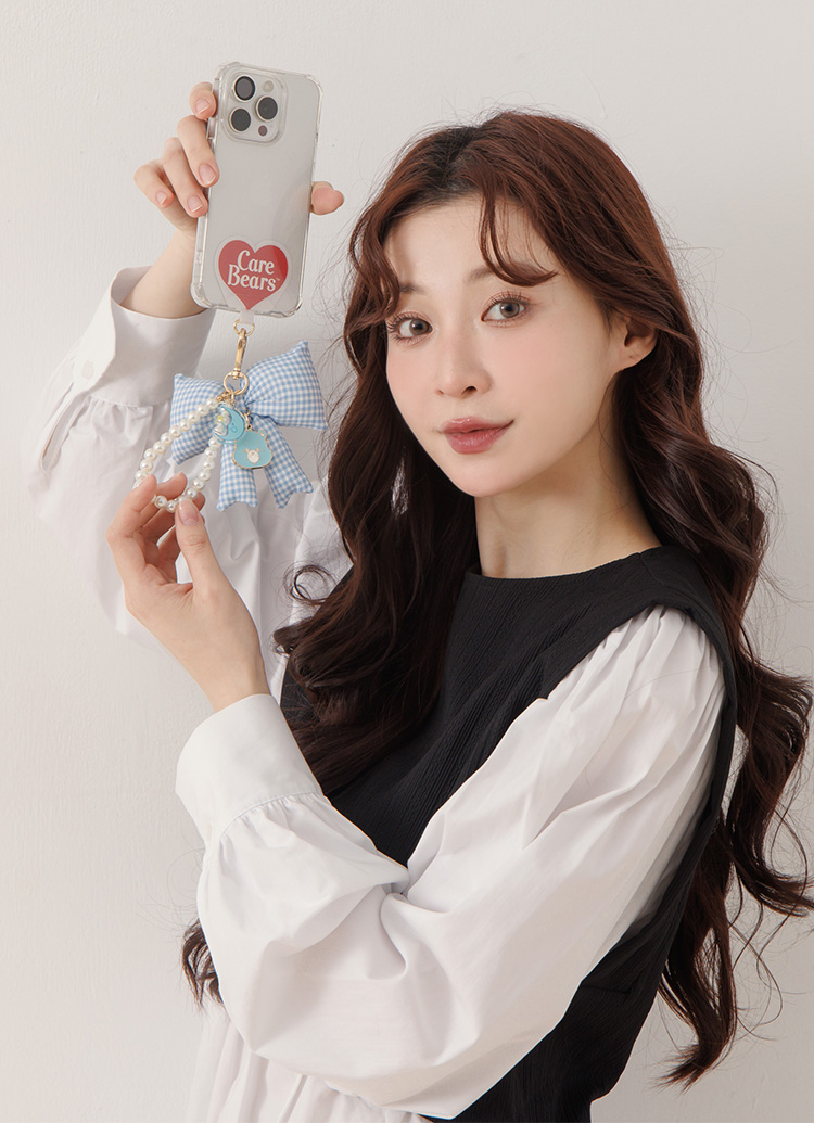 GraceGift CareBears聯名 晚安小熊 Ribbon系列 格紋蝴蝶結珍珠手機鍊 藍