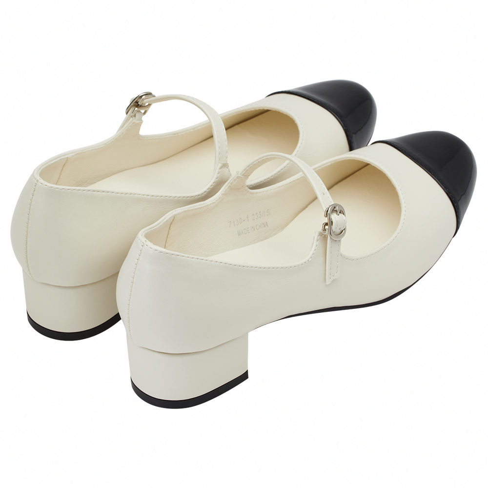 GraceGift平價女鞋 時尚秀場 圓頭 經典法式雙色小香風低跟瑪莉珍鞋   白身黑頭色