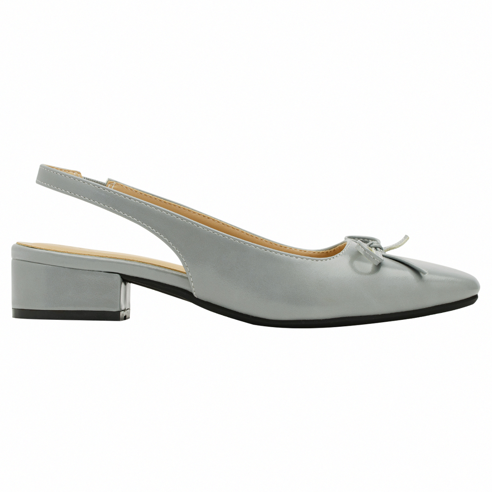 GraceGift平價女鞋 時尚秀場 方頭 韓系清新蝴蝶結後空跟鞋 藍灰色