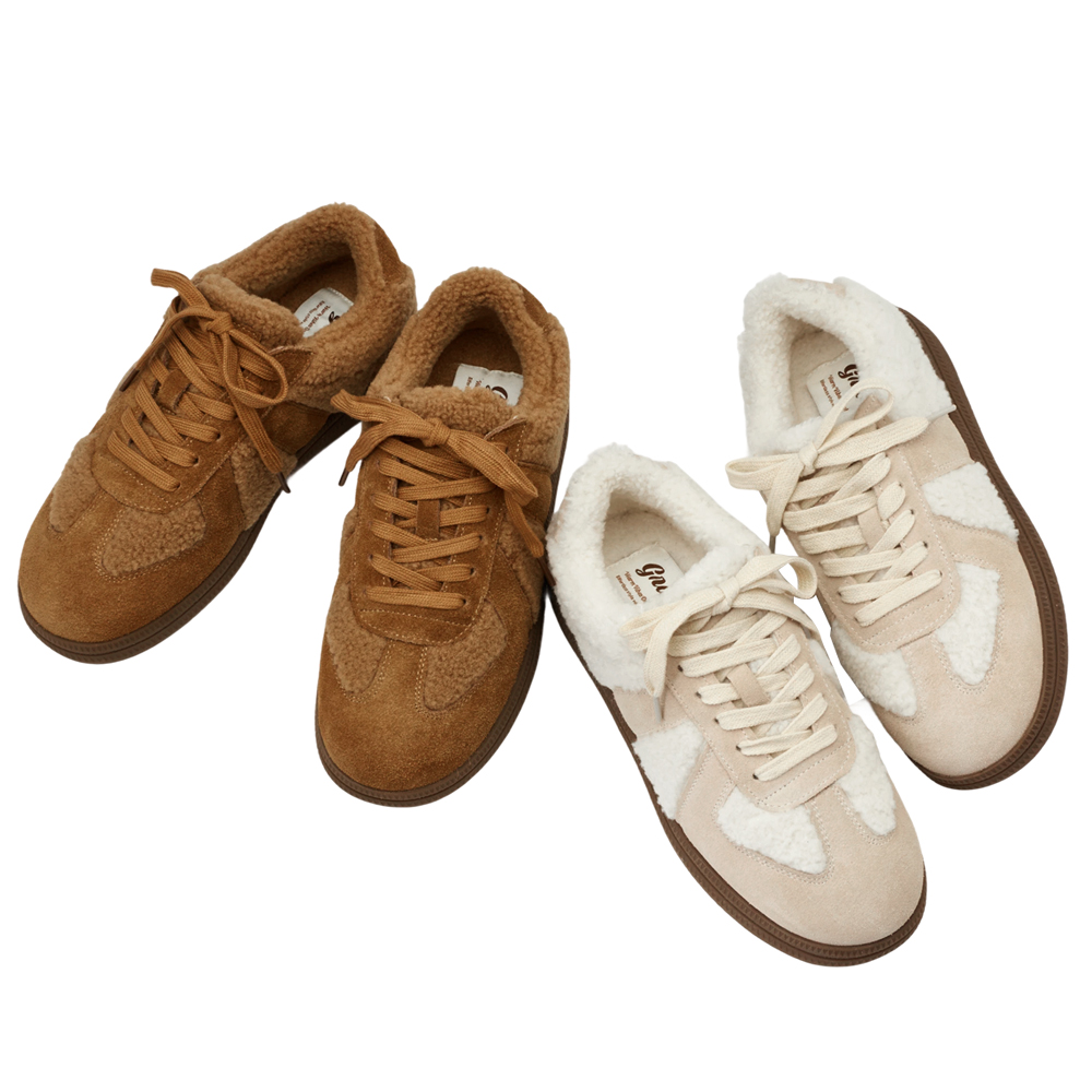 泰迪冬絨毛毛厚底德訓鞋 杏