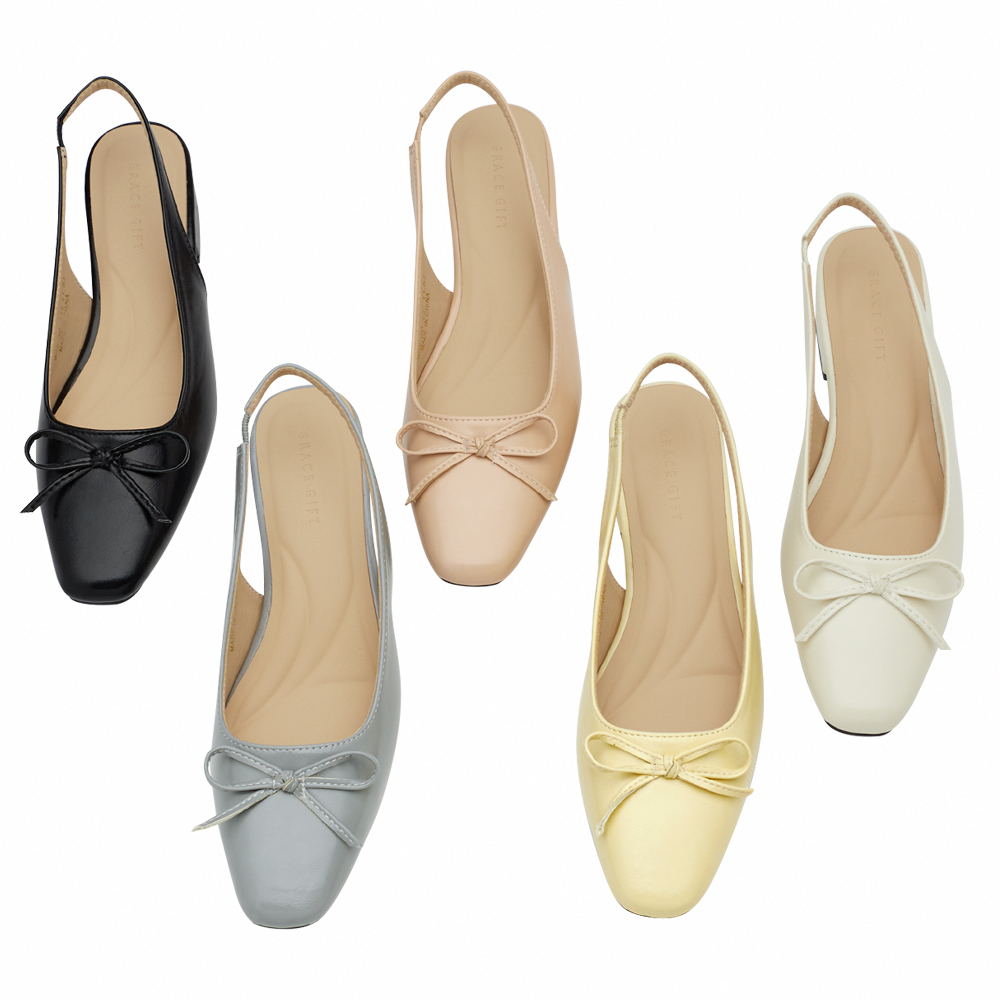 GraceGift平價女鞋 時尚秀場 方頭 韓系清新蝴蝶結後空跟鞋 米白色