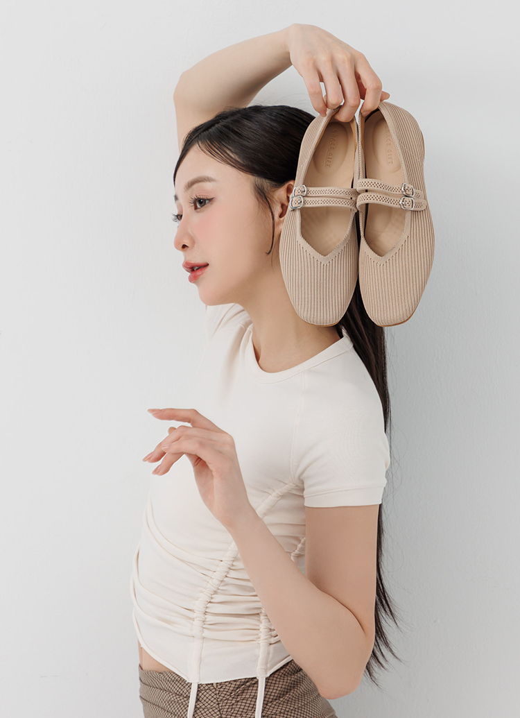 GraceGift平價女鞋 零著感柔織雙帶平底瑪莉珍鞋 米白