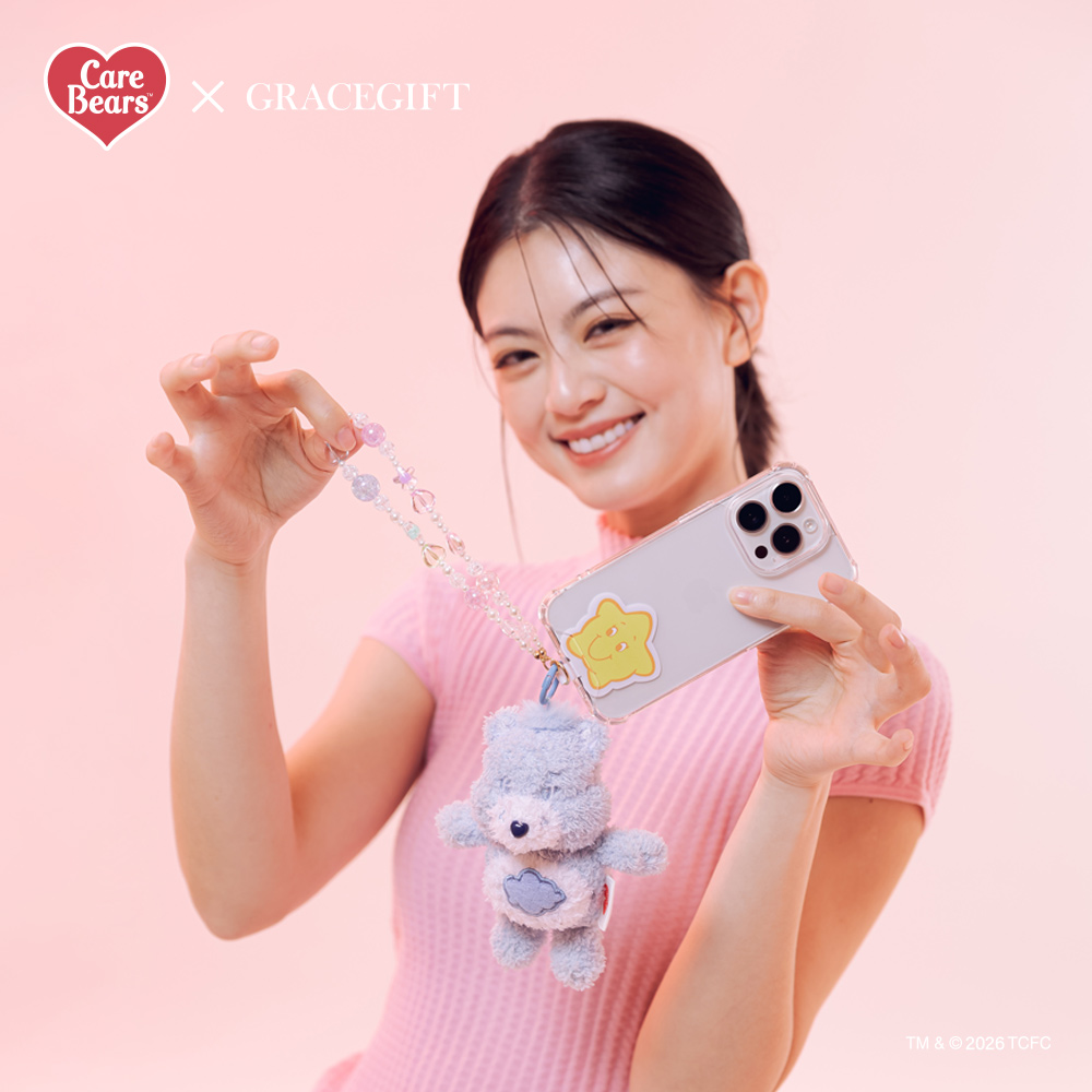 GraceGift CareBears聯名 Care Bears彩虹熊 棉花糖系列毛絨玩偶手機串珠吊飾一中盒
