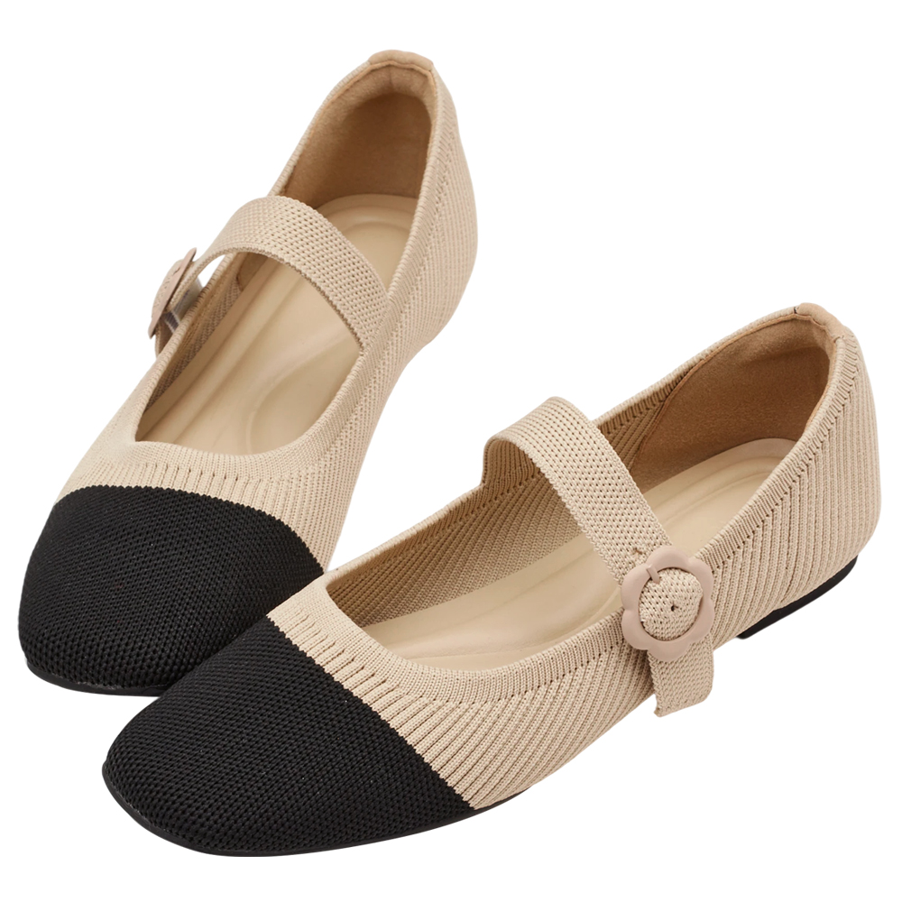 Grace Gift 平價女鞋 零著感方頭 花釦柔織軟墊瑪莉珍鞋 黑X杏色 平底瑪莉珍鞋 實拍圖