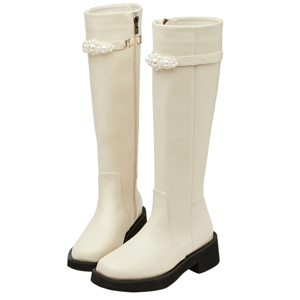 奕潔聯名-法式珠寶盒方頭2WAY珍珠顯瘦長靴 米白