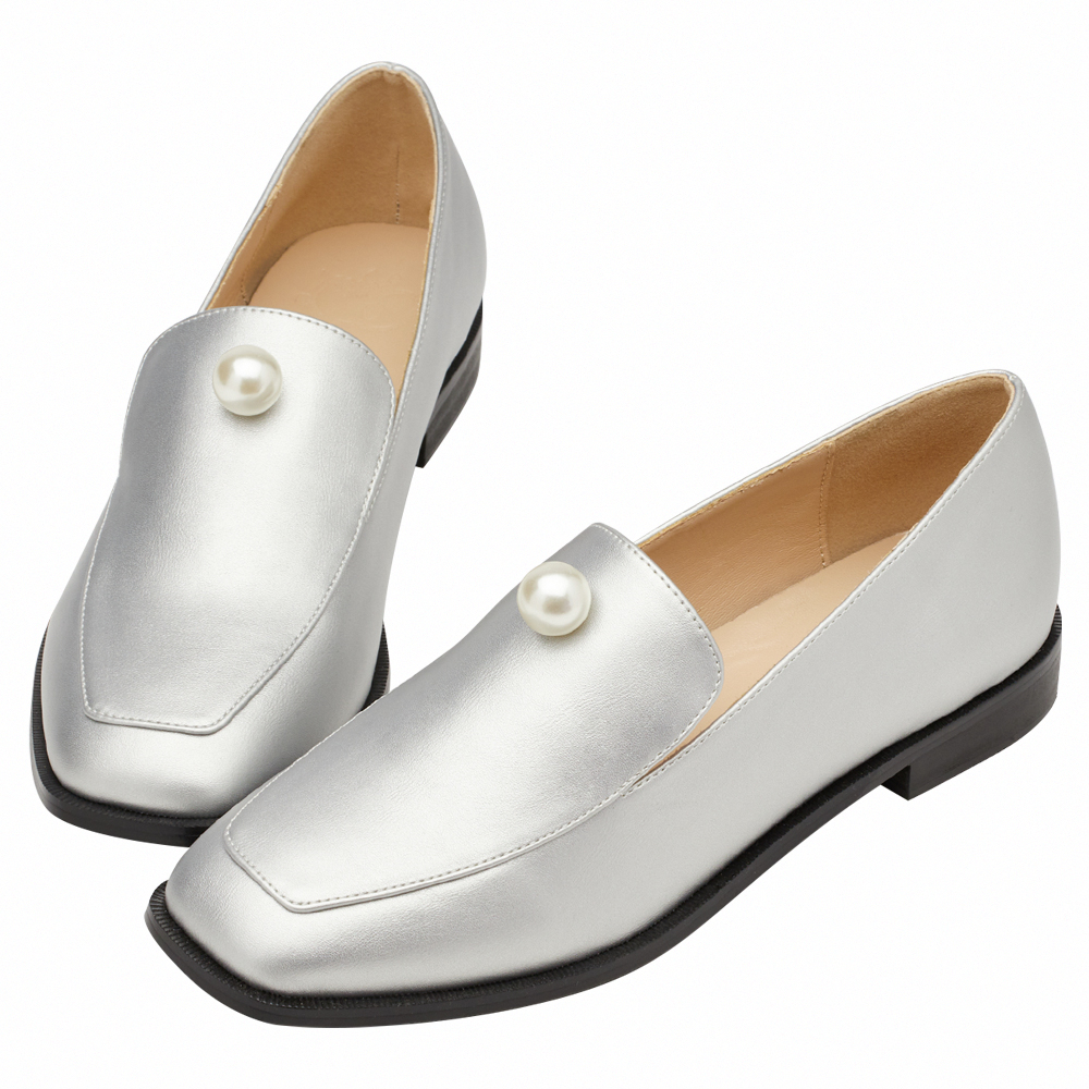 奕潔聯名-柔光珍珠方頭低跟樂福小皮鞋 銀