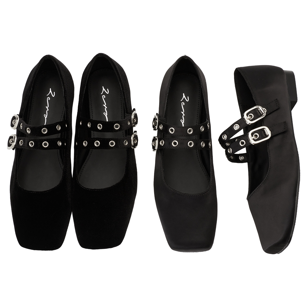 李柔聯名-甜酷序曲方頭金屬雙帶芭蕾舞瑪莉珍鞋 黑絨布