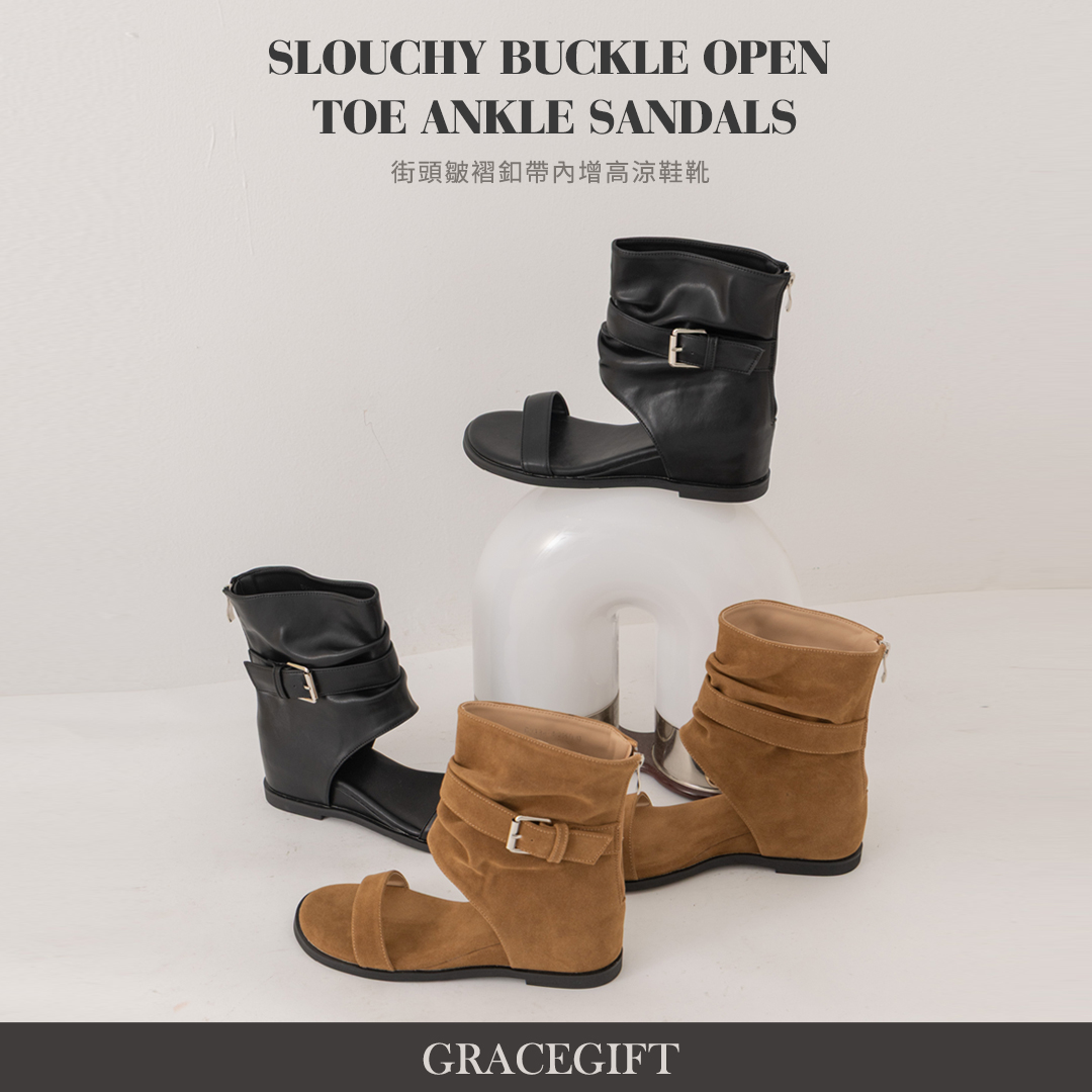 GraceGift平價女鞋 首爾街頭皺褶釦帶內增高涼鞋靴黑色 5.5CM韓系露趾短靴女鞋