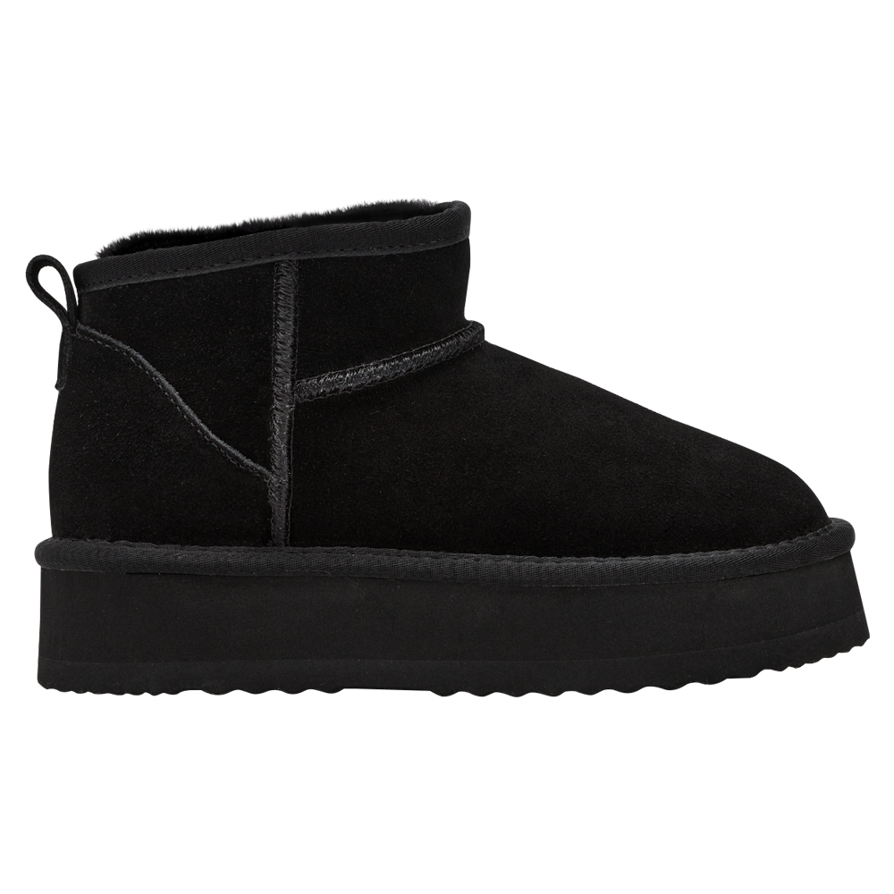 經典百搭牛麂皮羊毛短筒厚底雪靴 黑