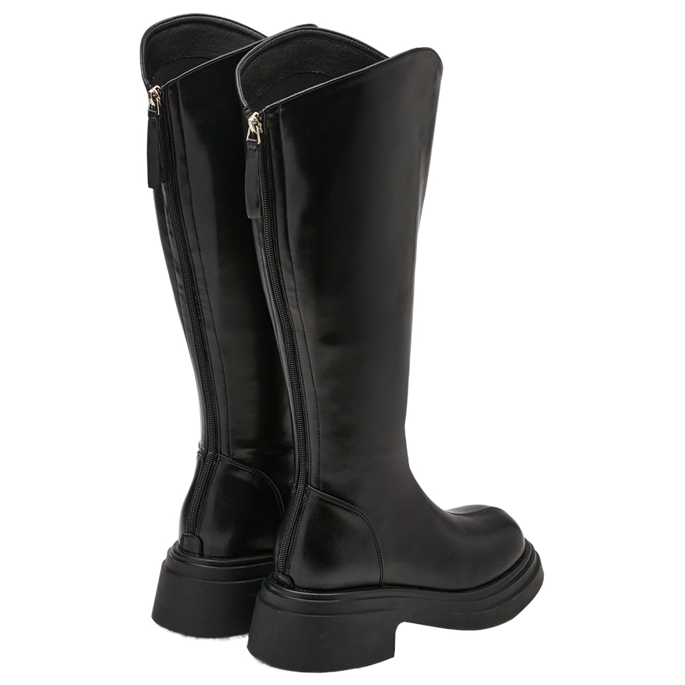 V口顯瘦(加寬筒圍)後拉圓頭厚底長靴 黑