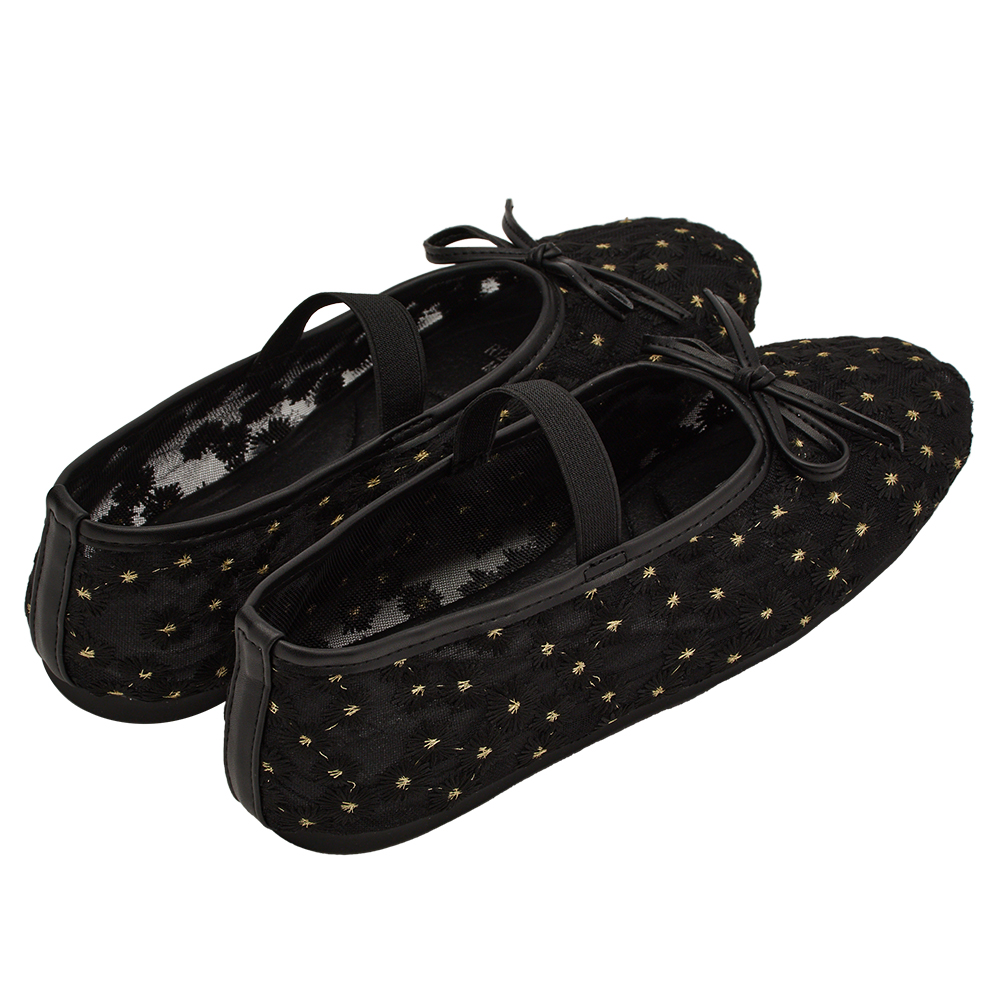 GraceGift平價女鞋 春日花園 蝴蝶結網紗 平底瑪莉珍鞋 黑色