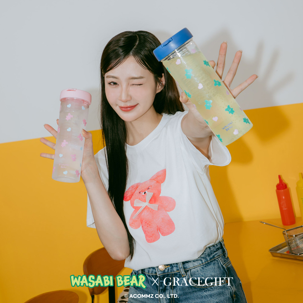 GraceGift Wasabi Bear聯名 粉芥末熊滿版印花透明吸管杯(800ml) 粉