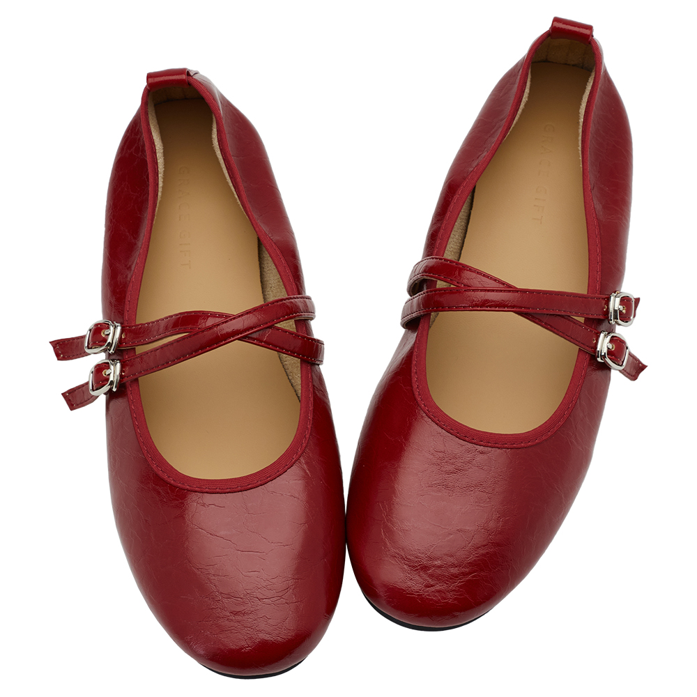 GraceGift平價女鞋 時尚秀場 圓頭 奶油雲朵極軟加厚乳膠芭蕾瑪莉珍鞋 正紅色