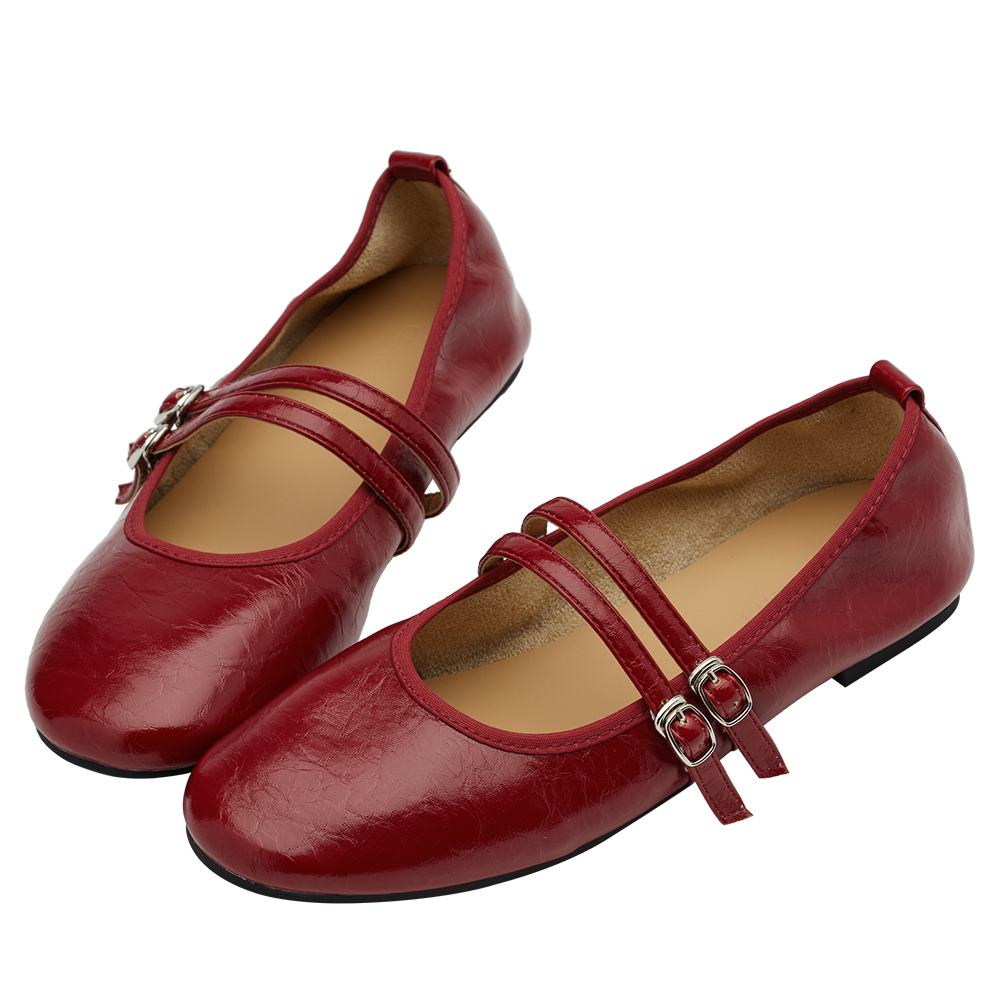 GraceGift平價女鞋 時尚秀場 圓頭 奶油雲朵極軟加厚乳膠芭蕾瑪莉珍鞋 正紅色