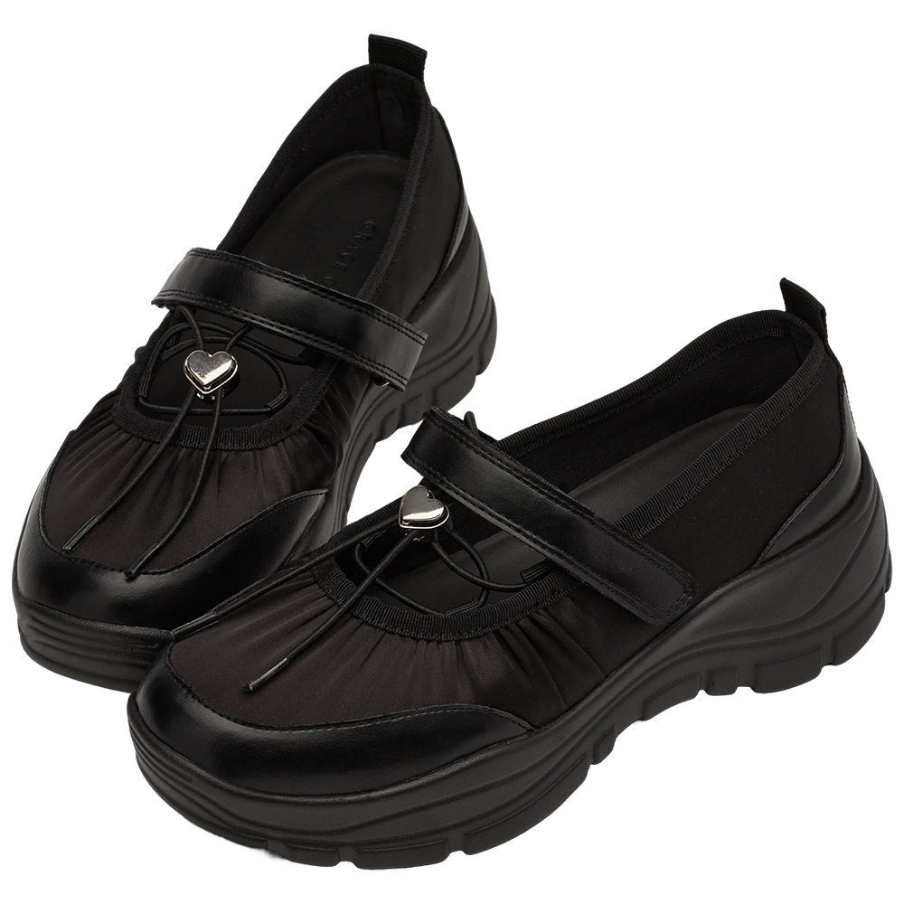 GraceGift平價女鞋 愛心 交叉繫繩 輕量厚底 芭蕾舞運動鞋 黑色