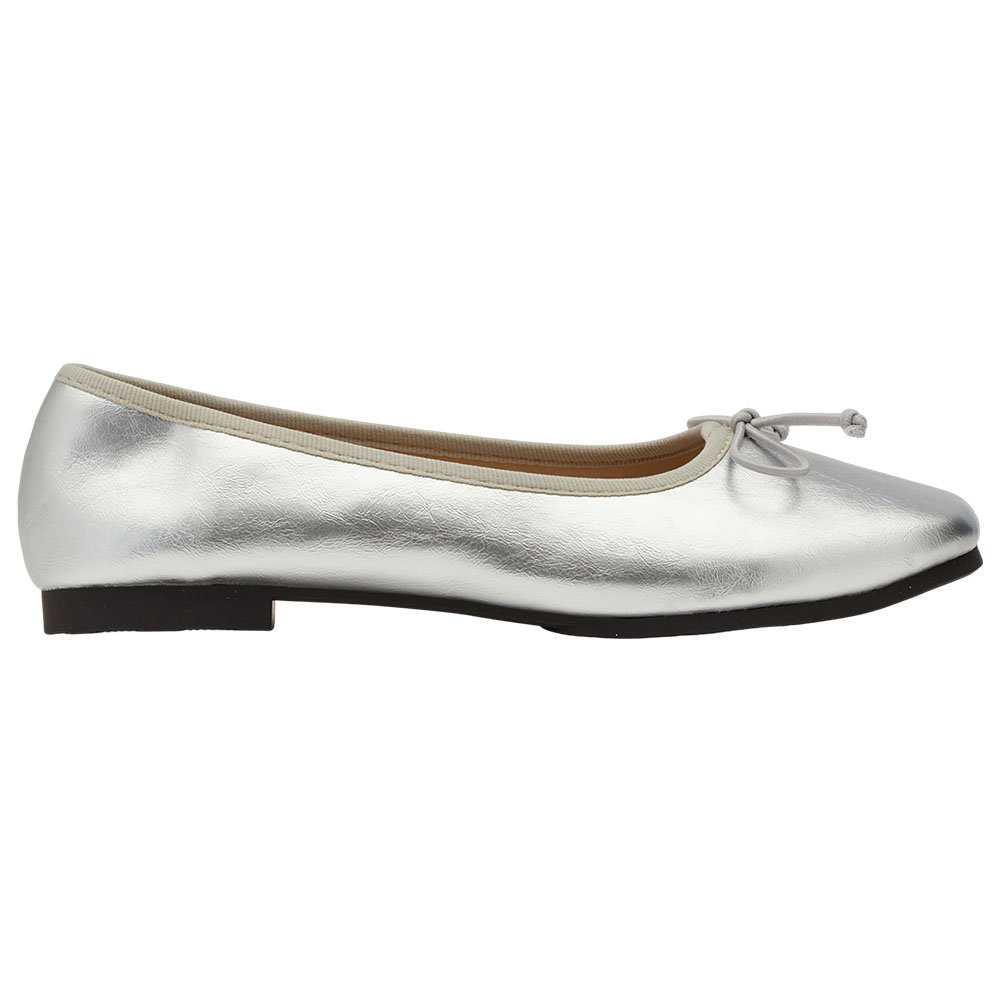 GraceGift平價女鞋 時尚秀場 方圓頭 法式經典蝴蝶結芭蕾舞平底娃娃鞋 銀色