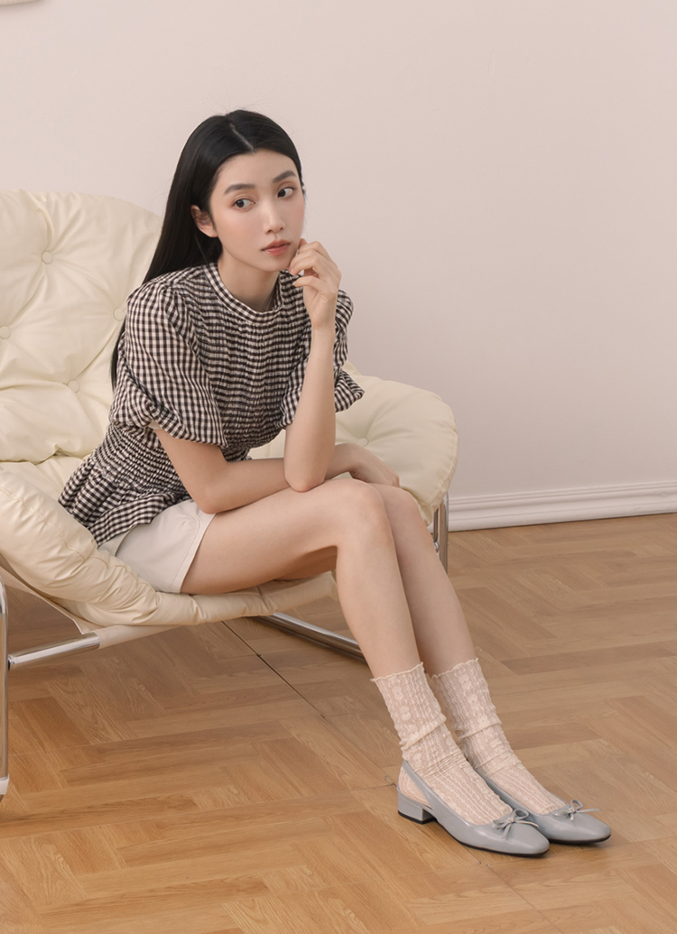 GraceGift平價女鞋 時尚秀場 方頭 韓系清新蝴蝶結後空跟鞋 藍灰色